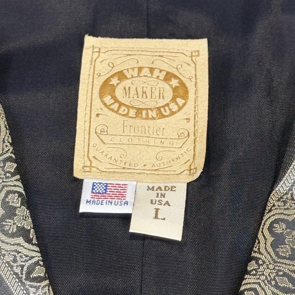 Vintage Wah Maker Mens L Western Vest Black Gold Brocade Made USA Cowboy - Picture 2 of 8